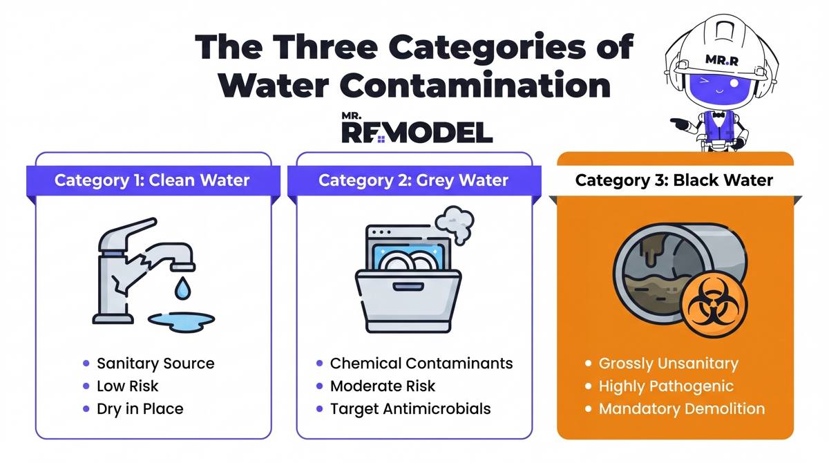 A highly visual, scannable flowchart layout mapping the three categories. It uses clean, technical symbols to illustrate paths based on fluid origin: Category 1 (Clean supply lines -> In-place drying safe) ➔ Category 2 (Appliance discharge -> Mandatory chemical sanitation) ➔ Category 3 (Sewage/Storm surge -> Full biohazard gear and total demolition of porous substrates).